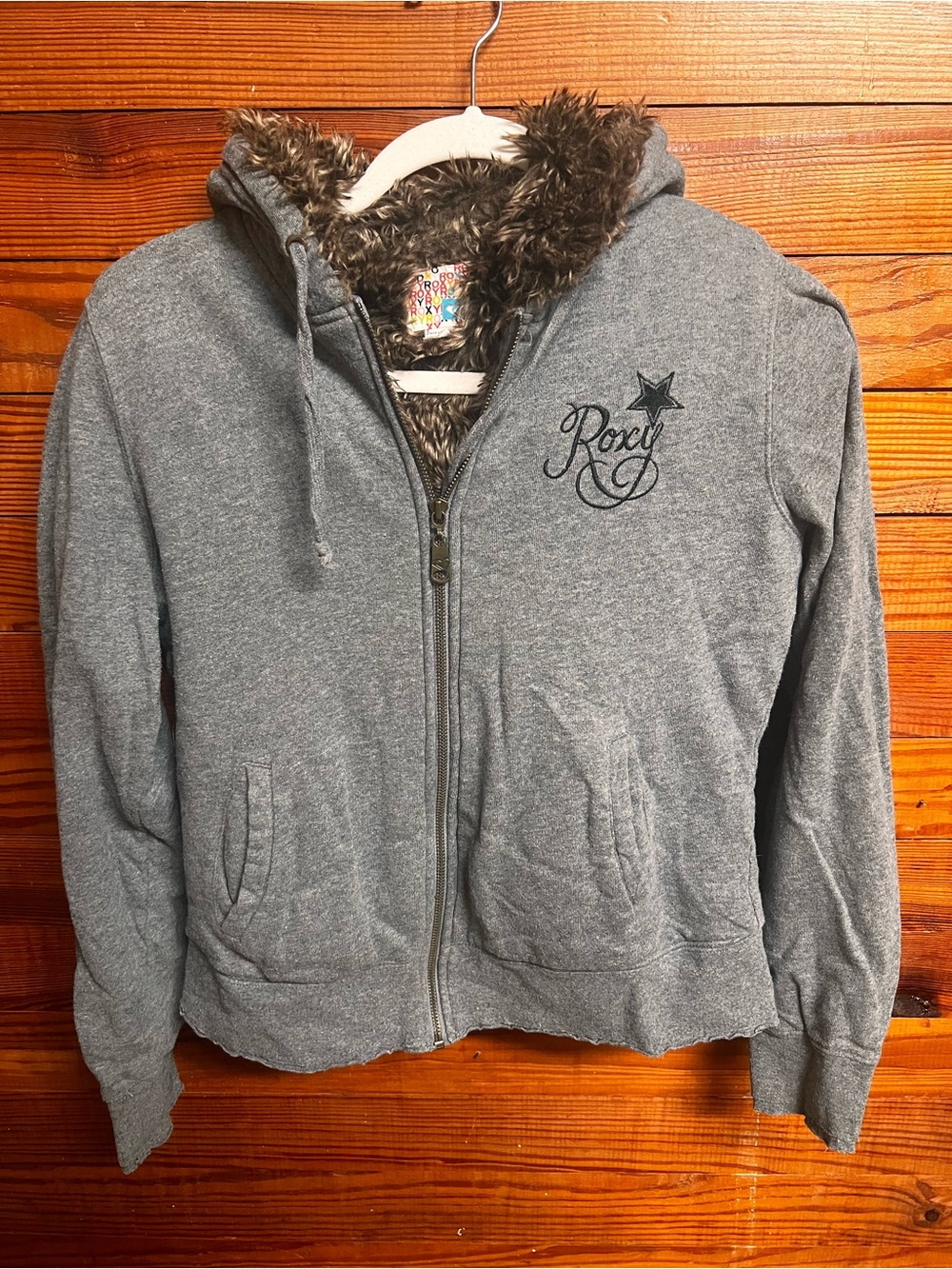 Roxy Women’s Small Gray Faux Fur Lined Full Zip Hoodie Embroidered Logo